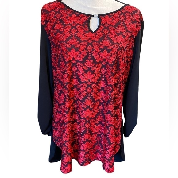 NOTATIONS Blouse Size XL Black Red Floral Front Keyhole Front Long Sleev… - Picture 1 of 9